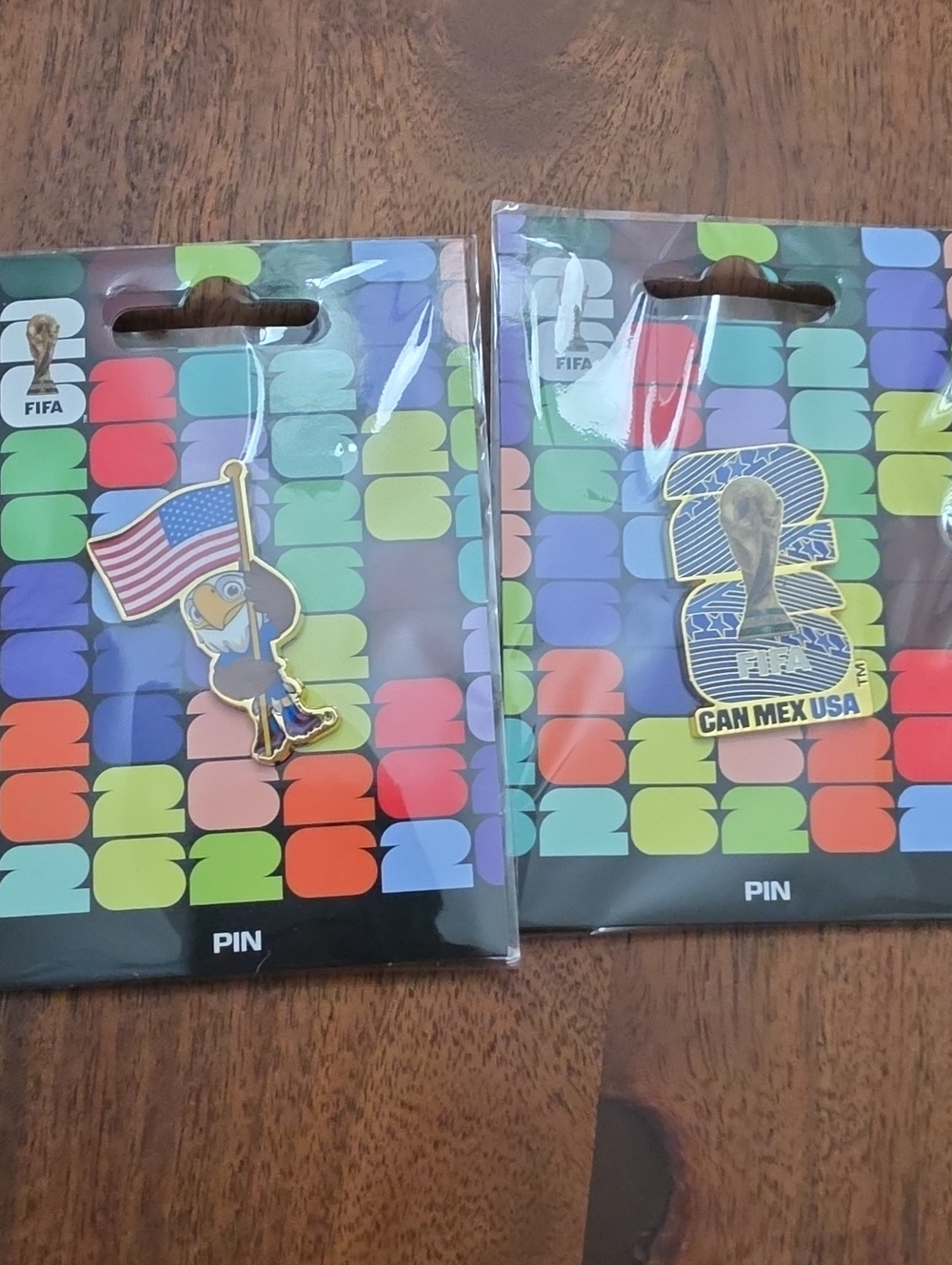 World Cup USA Flag & Trophy Enamel Pins - Blue, Red, White - 2 Pins On Sale